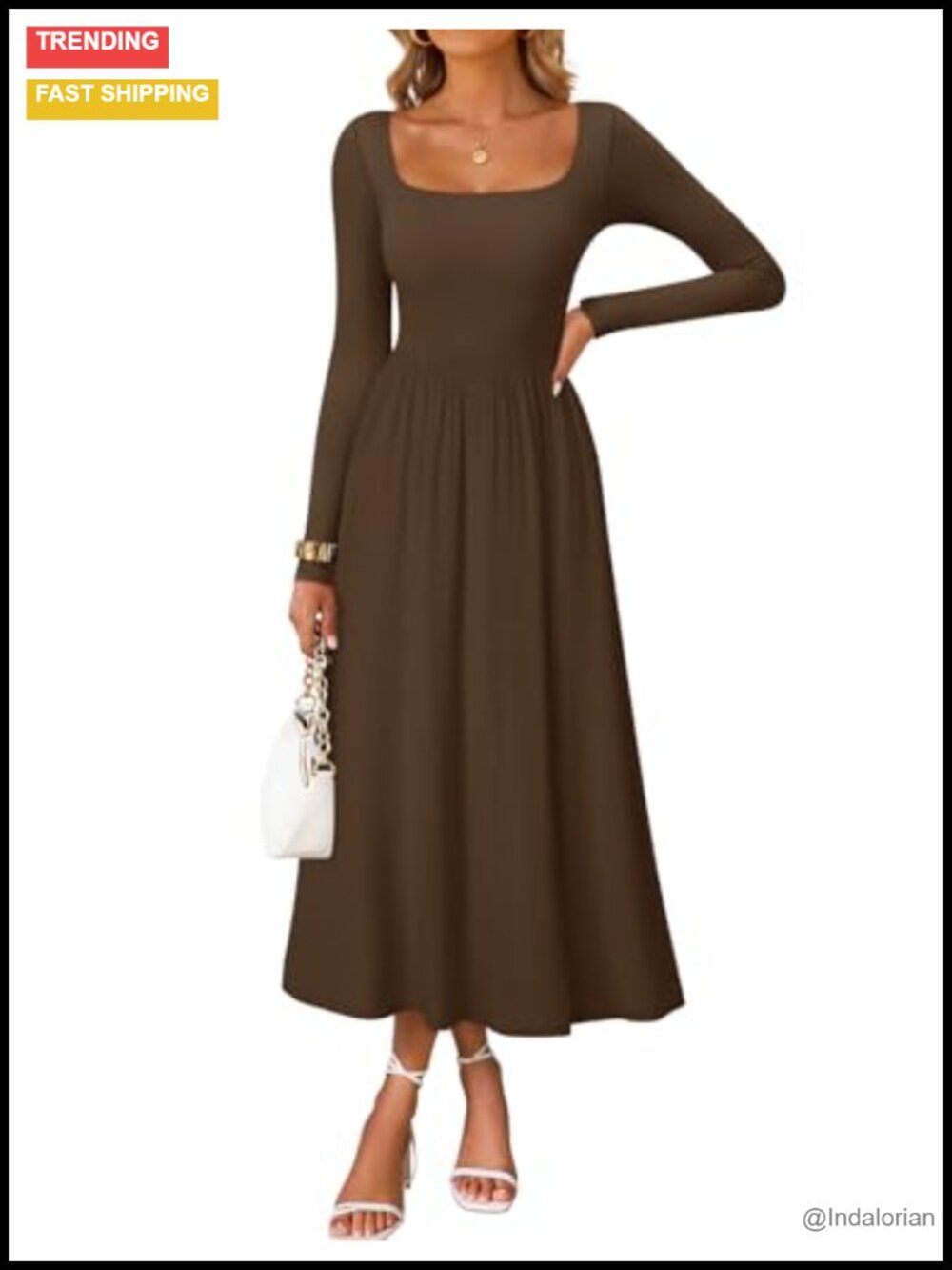 ZESICA Long Sleeve Midi Dress Square Neck Fit Flare Slim Elegant Fall
